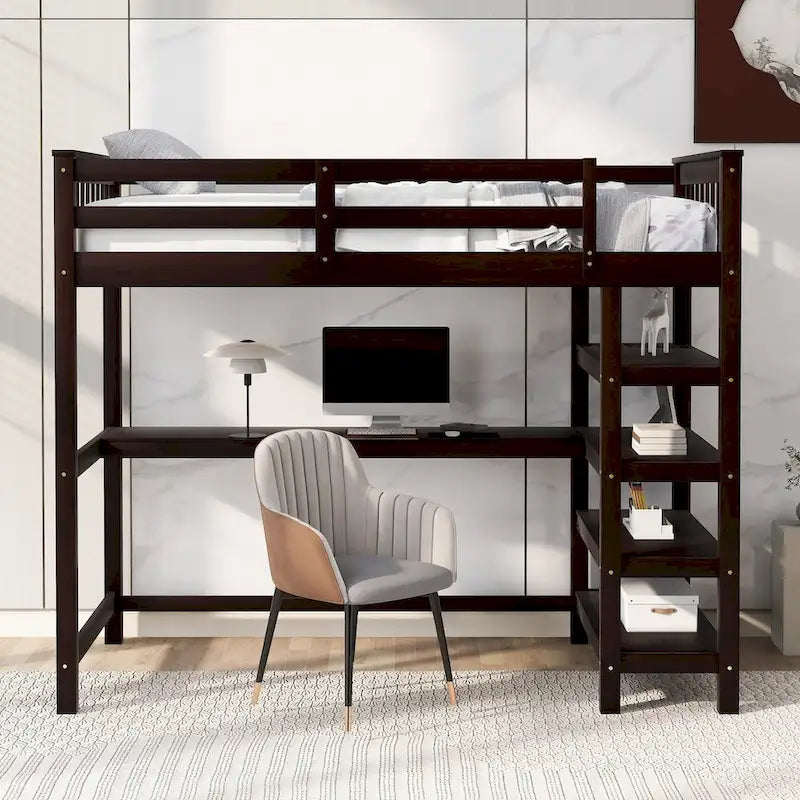 Loft Bed with Storage Shelves and Under-Bed Desk