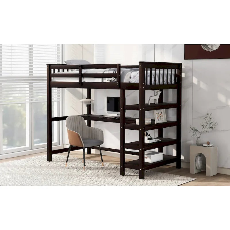Loft Bed with Storage Shelves and Under-Bed Desk