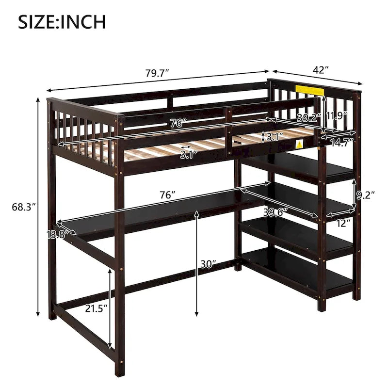 Loft Bed with Storage Shelves and Under-Bed Desk
