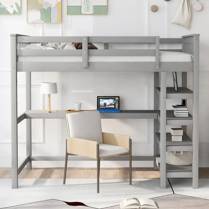 Loft Bed with Storage Shelves and Under-Bed Desk