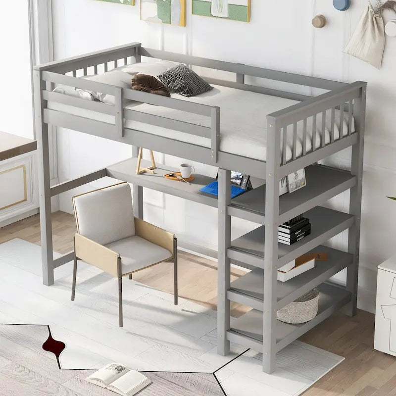 Loft Bed with Storage Shelves and Under-Bed Desk