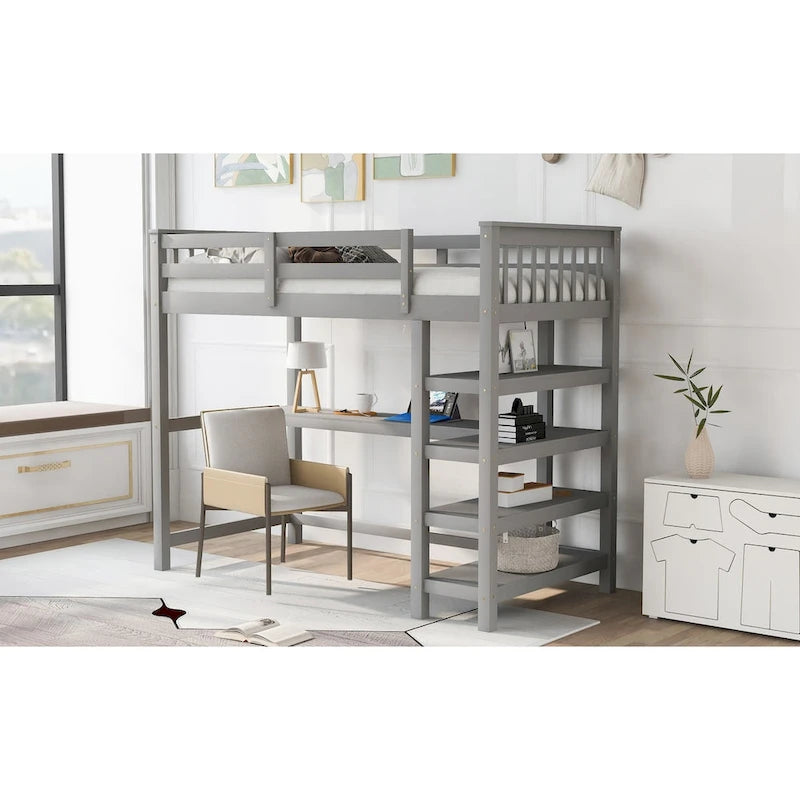 Loft Bed with Storage Shelves and Under-Bed Desk