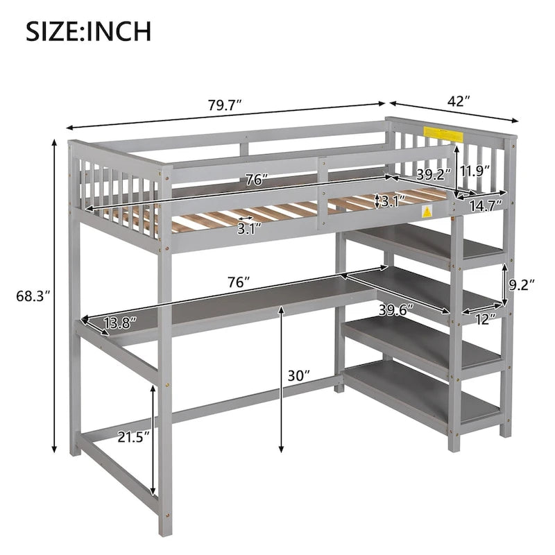 Loft Bed with Storage Shelves and Under-Bed Desk
