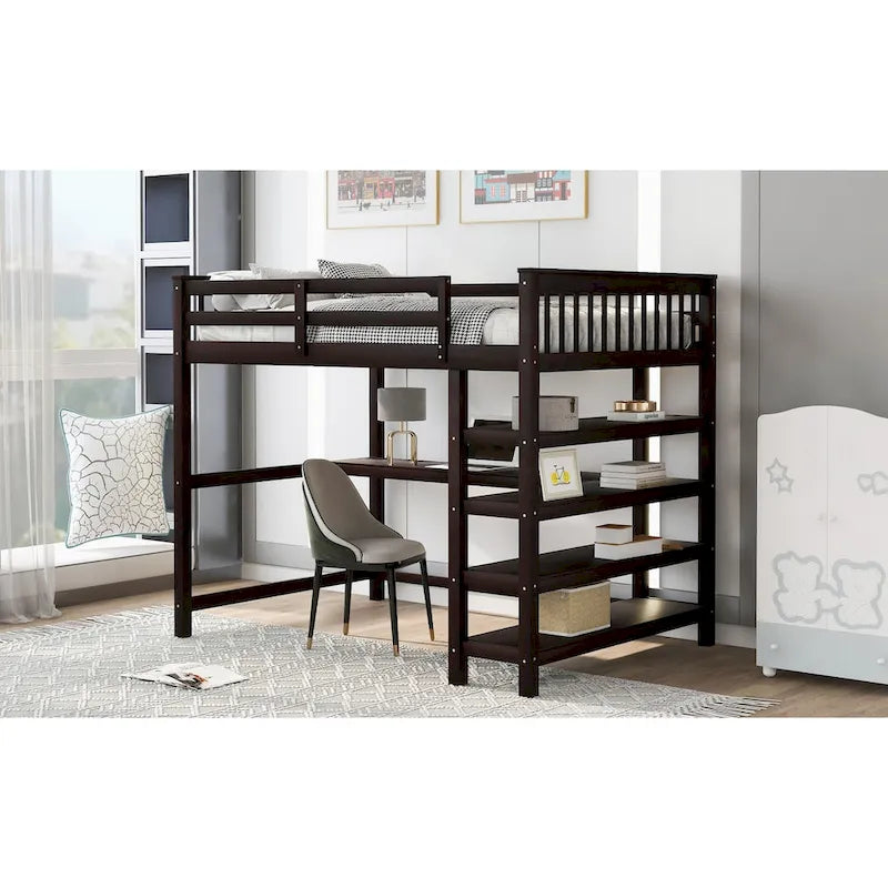 Loft Bed with Storage Shelves and Under-Bed Desk