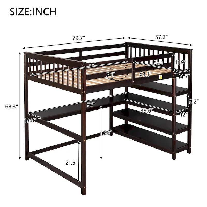 Loft Bed with Storage Shelves and Under-Bed Desk