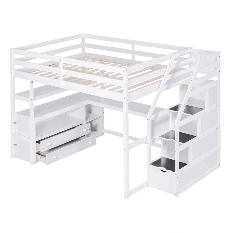 White Loft Bed with Desk and Shelves, Two Built-in Drawers, Storage Staircase