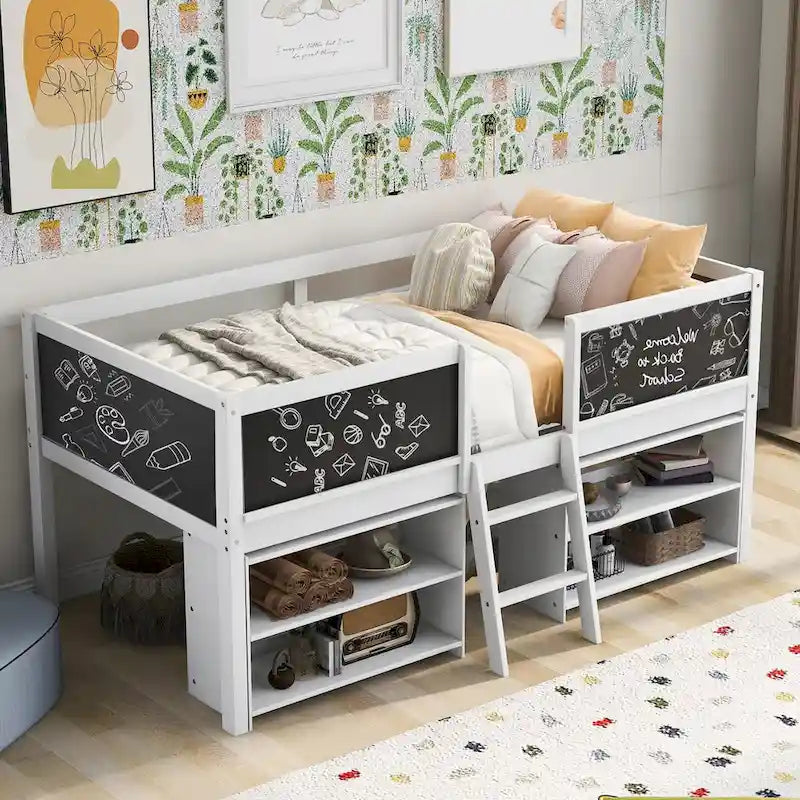 Low Loft Bed with 2 Movable Shelves, Ladder, Decorative Guardrail Chalkboard
