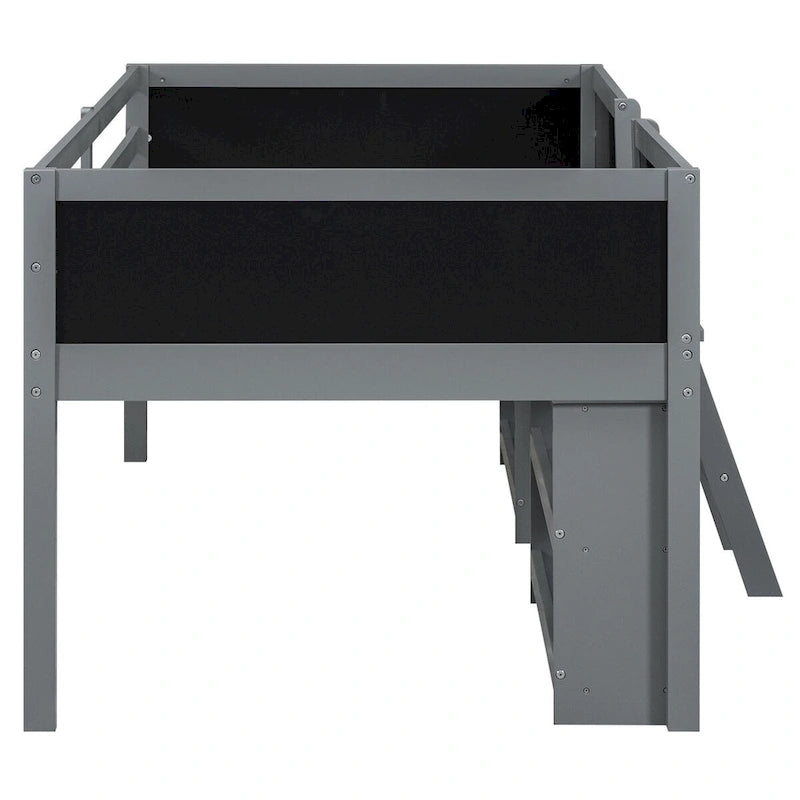 Low Loft Bed with 2 Movable Shelves, Ladder, Decorative Guardrail Chalkboard