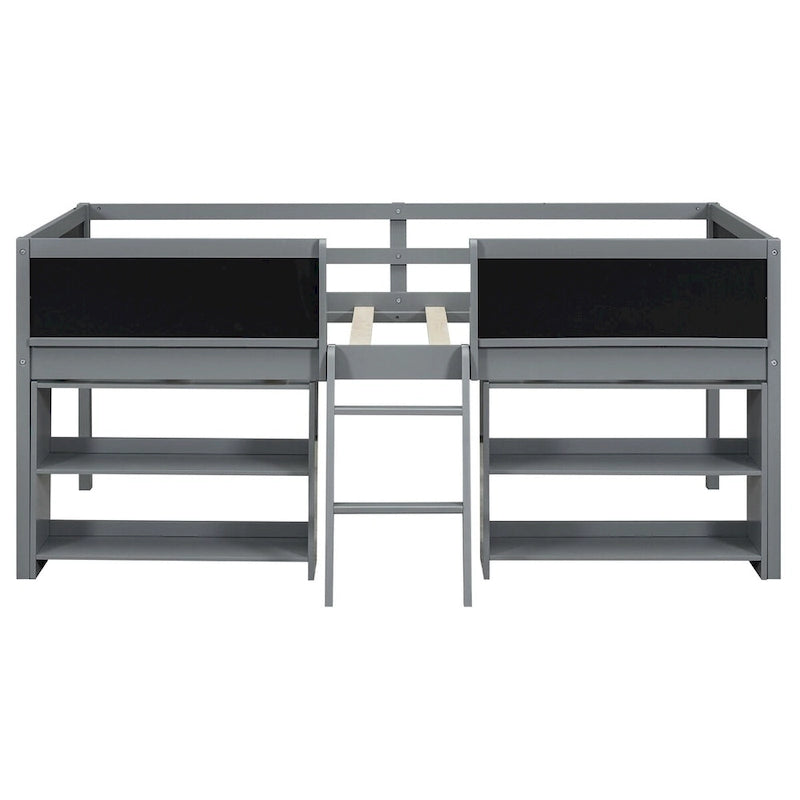 Low Loft Bed with 2 Movable Shelves, Ladder, Decorative Guardrail Chalkboard