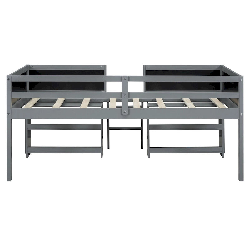 Low Loft Bed with 2 Movable Shelves, Ladder, Decorative Guardrail Chalkboard
