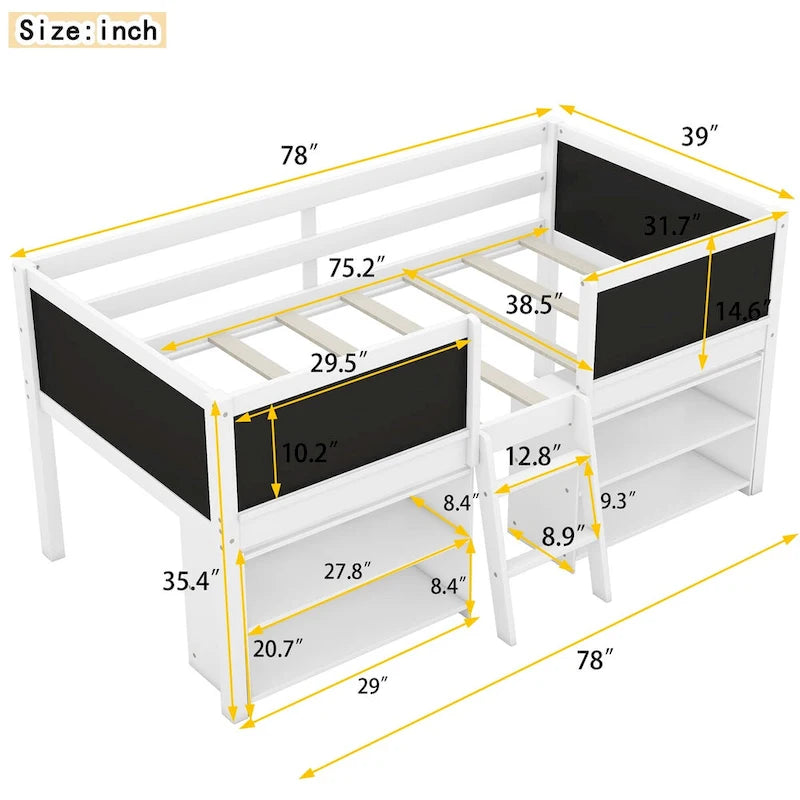 Low Loft Bed with 2 Movable Shelves, Ladder, Decorative Guardrail Chalkboard