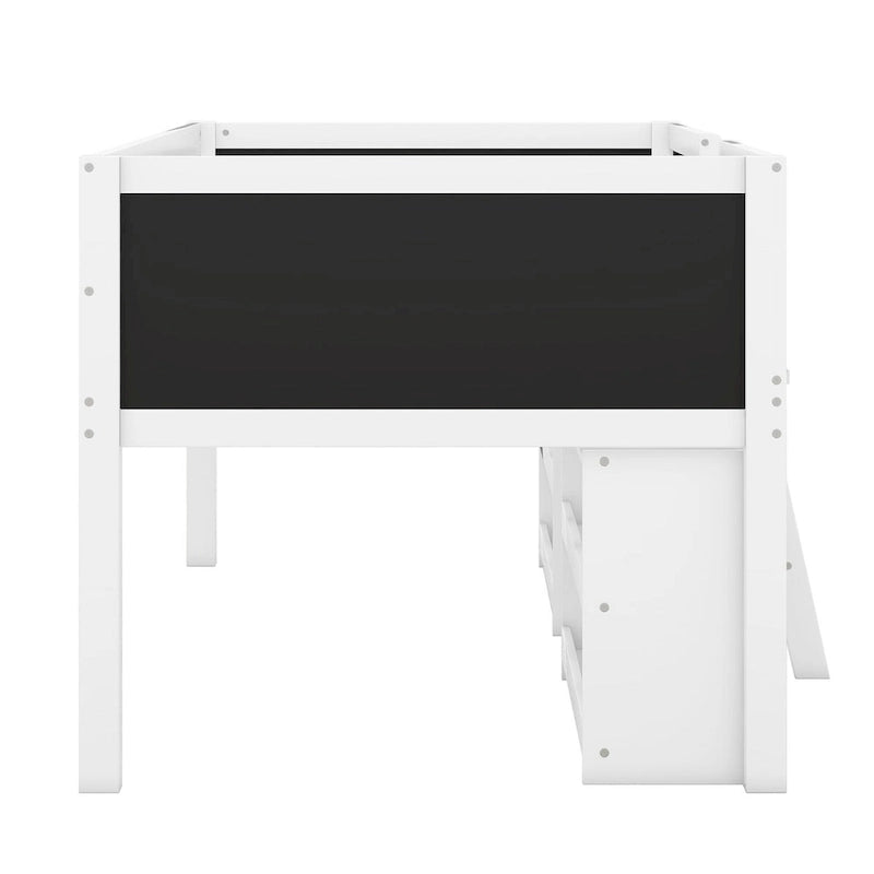 Low Loft Bed with 2 Movable Shelves, Ladder, Decorative Guardrail Chalkboard