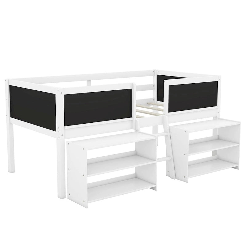 Low Loft Bed with 2 Movable Shelves, Ladder, Decorative Guardrail Chalkboard