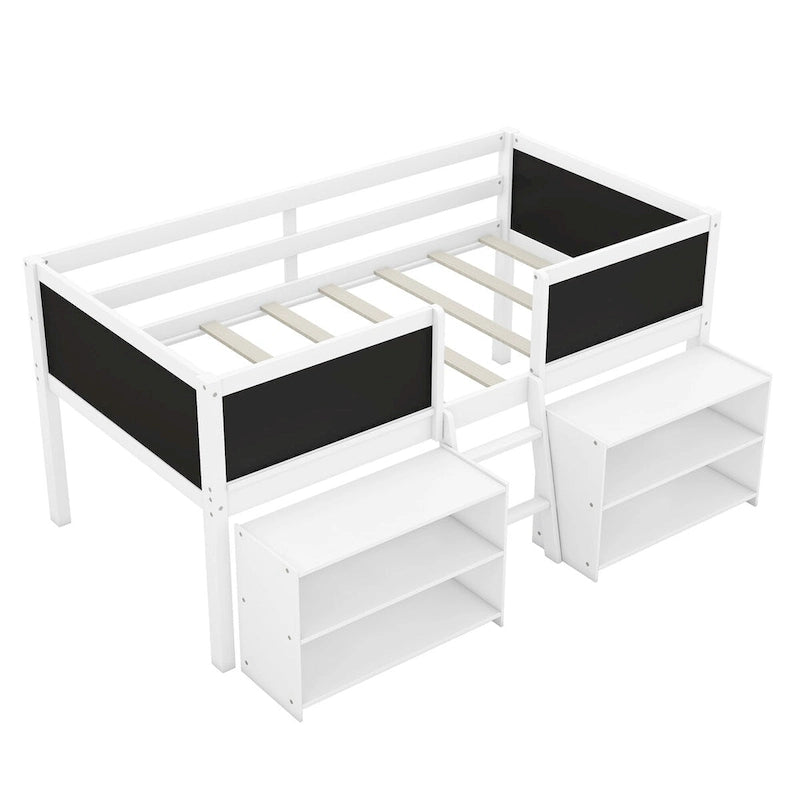 Low Loft Bed with 2 Movable Shelves, Ladder, Decorative Guardrail Chalkboard