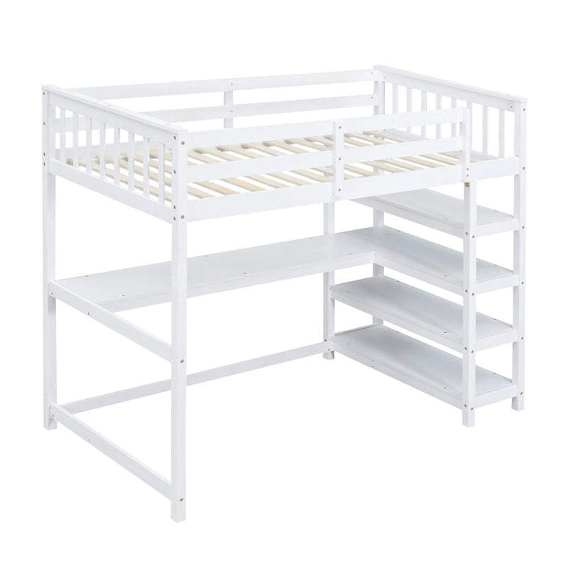White Solid Wood Loft Bed with Integrated Desk, Storage Shelves, Stable Guardrails