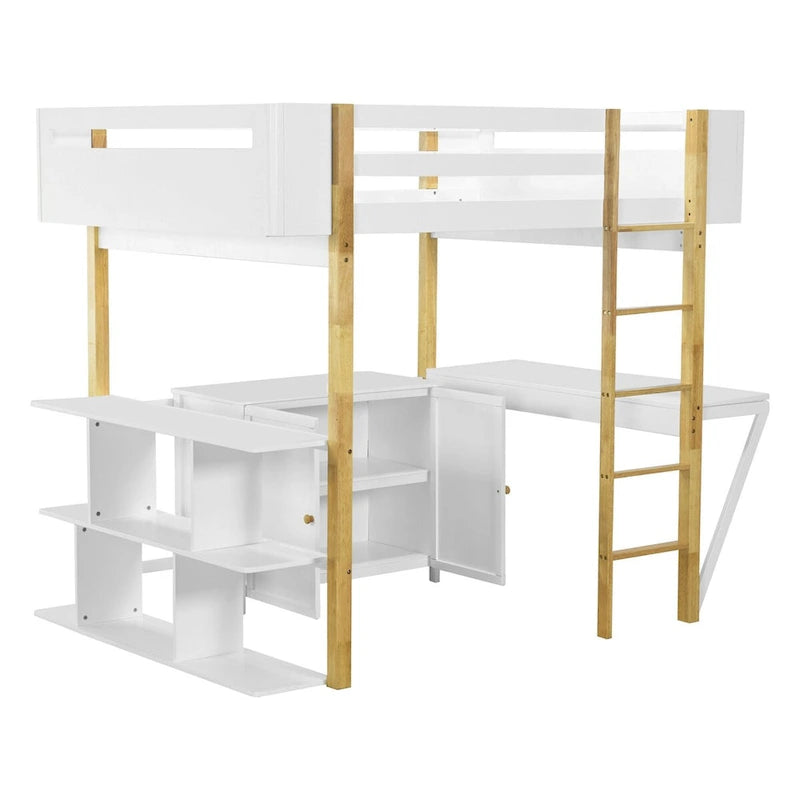Full Size Loft Bed with Foldable Desk, Wood Loft Bed Frame with Built-in Storage Cabinet and Cubes