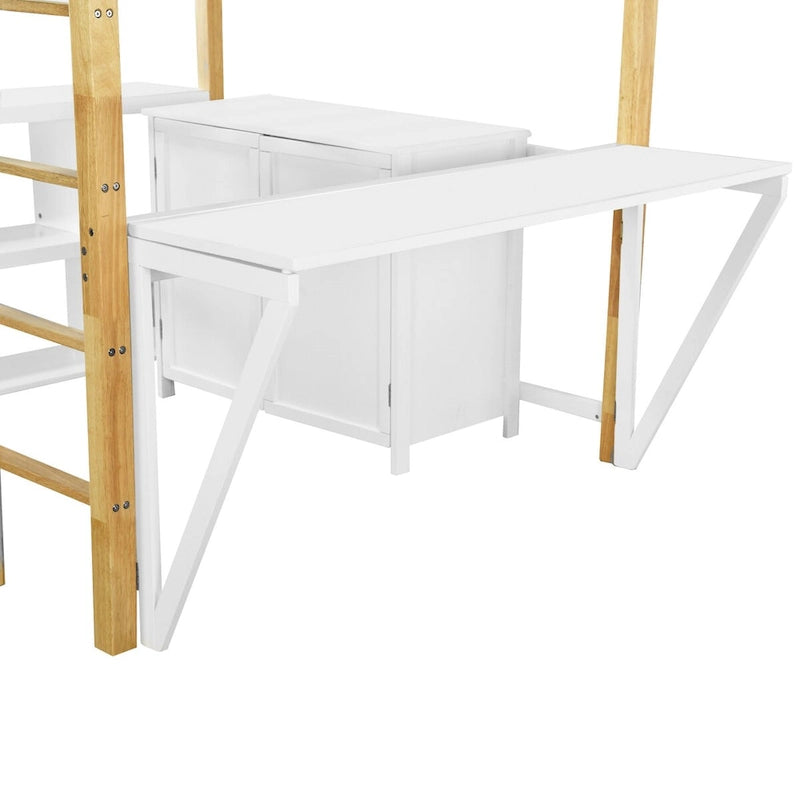 Full Size Loft Bed with Foldable Desk, Wood Loft Bed Frame with Built-in Storage Cabinet and Cubes