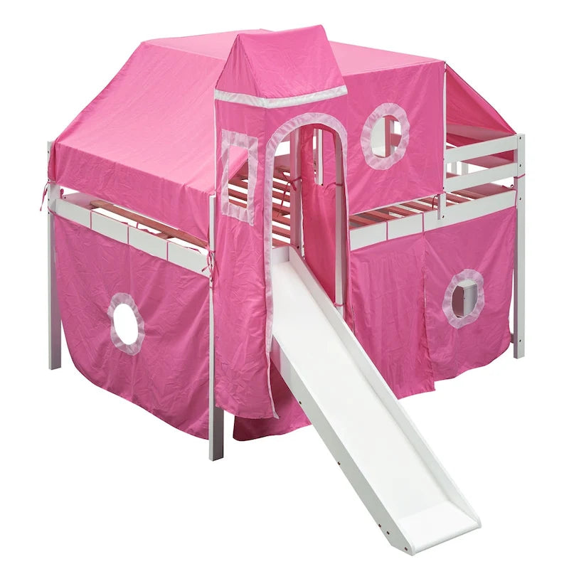 Pink Castle style Loft Bed with Storage Staircase and Slide