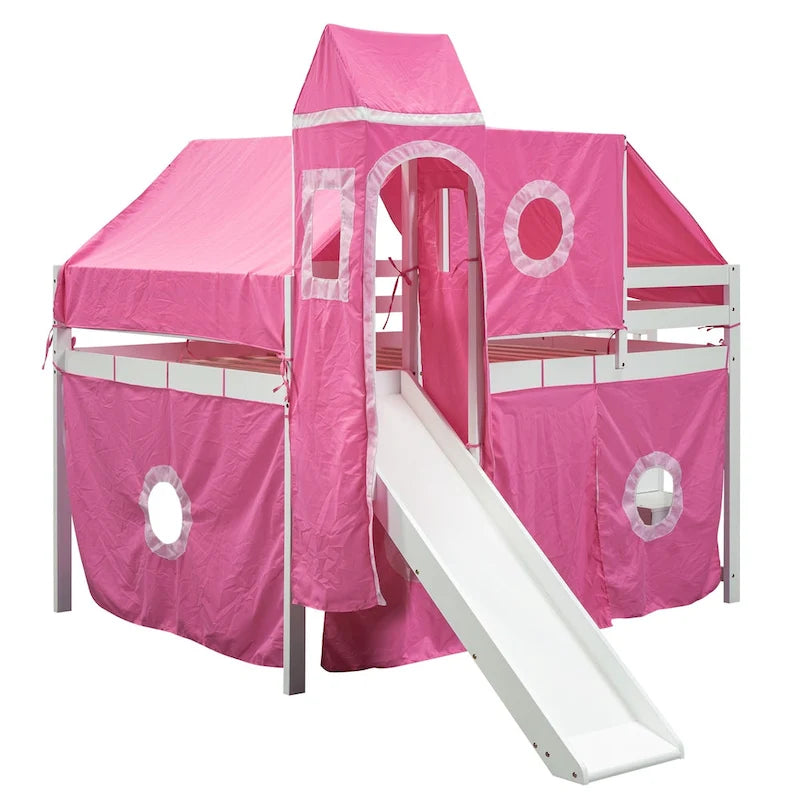 Pink Castle style Loft Bed with Storage Staircase and Slide