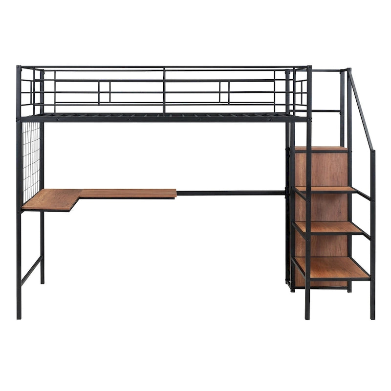 Twin Size Metal Loft Bed with Desk and Metal Grid, Stylish Metal Frame Bed with Lateral Storage Ladder and Wardrobe