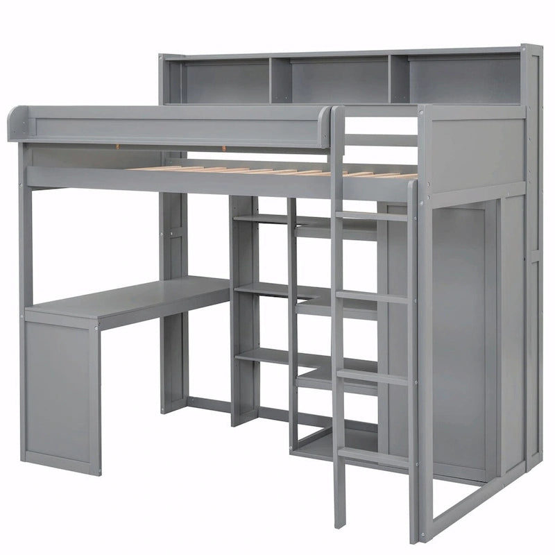 Wood Twin Size Loft Bed with Storage Shelves and Wardrobe