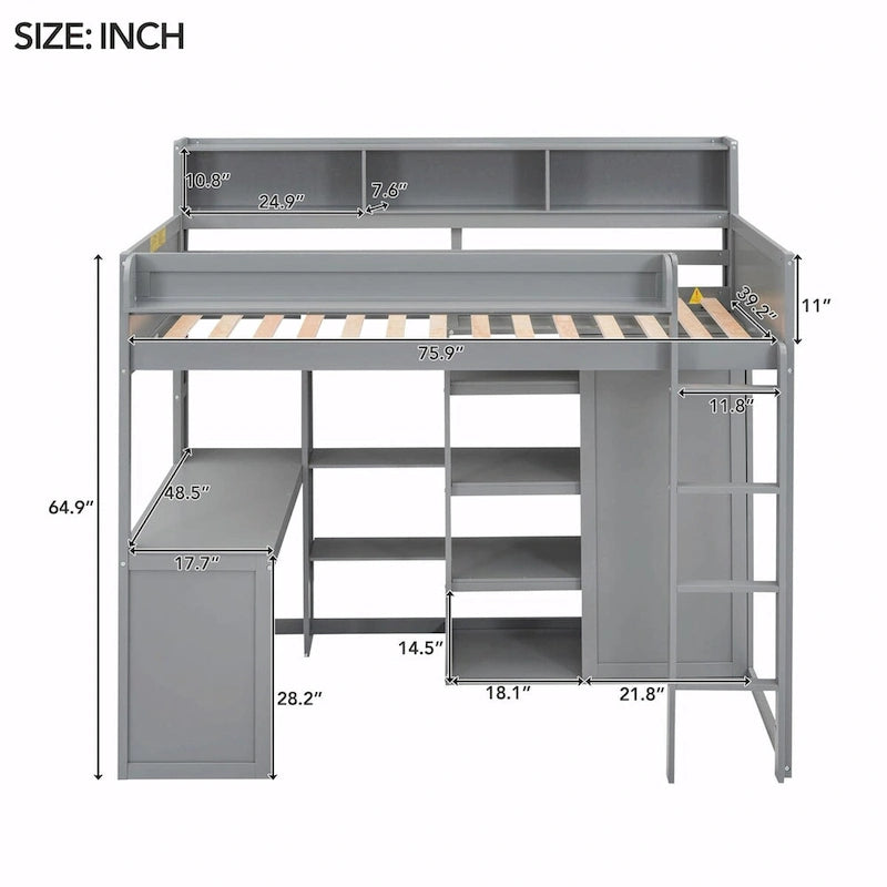 Wood Twin Size Loft Bed with Storage Shelves and Wardrobe