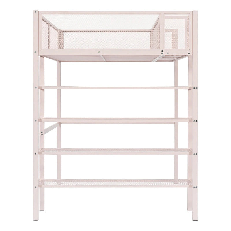 Pink Metal Loft Bed with 4-Tier Shelves, Workstation, and Full-length Guardrail