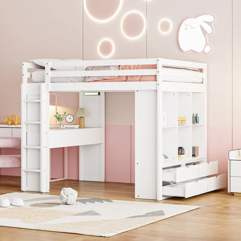 Full Size Loft Bed with Shelves, Drawers,Writing Desk and LED Light