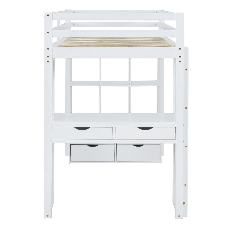 Full Size Loft Bed with Shelves, Drawers,Writing Desk and LED Light