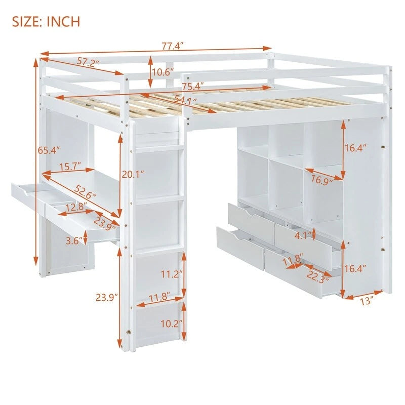 Full Size Loft Bed with Shelves, Drawers,Writing Desk and LED Light