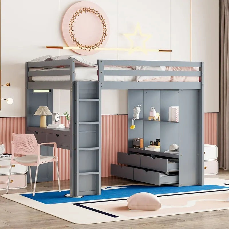 Full Size Loft Bed with Shelves, Drawers,Writing Desk and LED Light