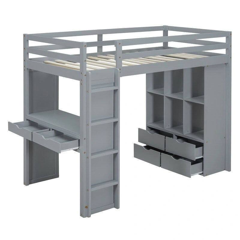 Full Size Loft Bed with Shelves, Drawers,Writing Desk and LED Light
