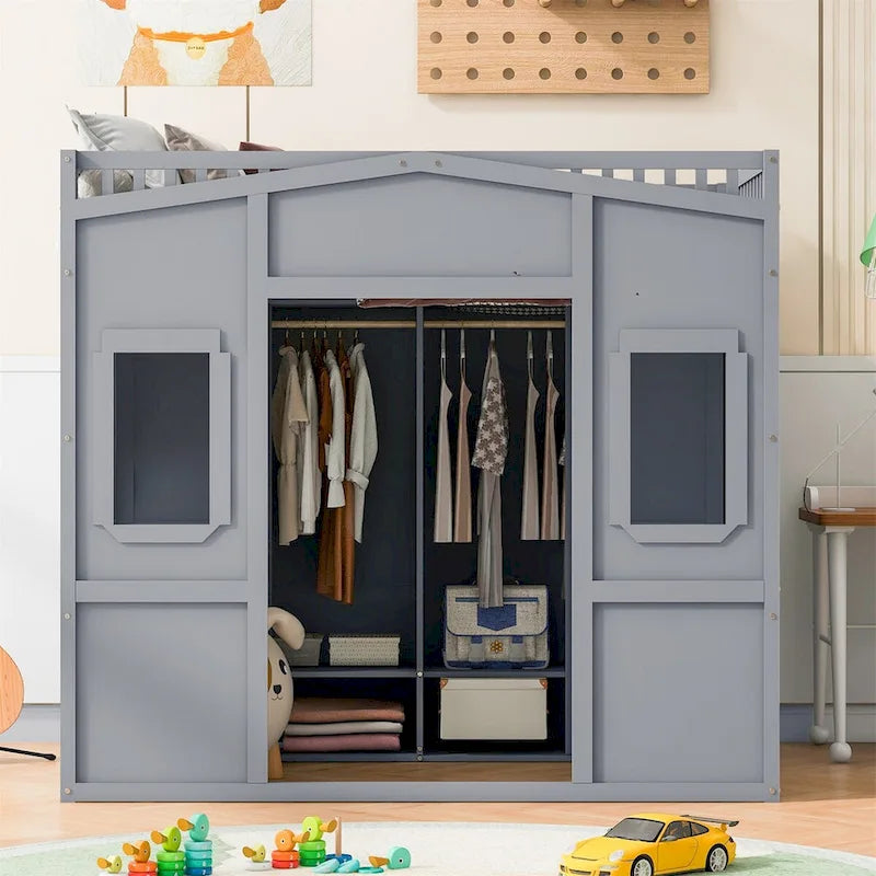 Full Size House Loft Bed With Ladder and Wardrobe