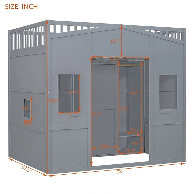 Full Size House Loft Bed With Ladder and Wardrobe