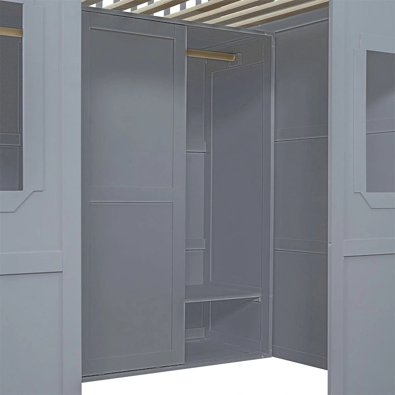 Full Size House Loft Bed With Ladder and Wardrobe