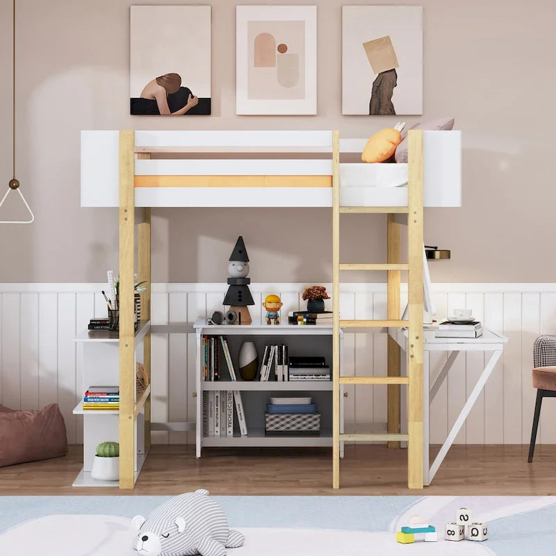 Nestfair Full Size Wood Loft Bed with Built-in Storage Cabinet and Cubes