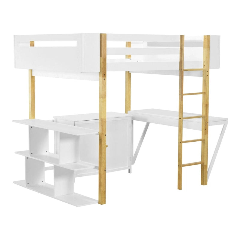 Nestfair Full Size Wood Loft Bed with Built-in Storage Cabinet and Cubes