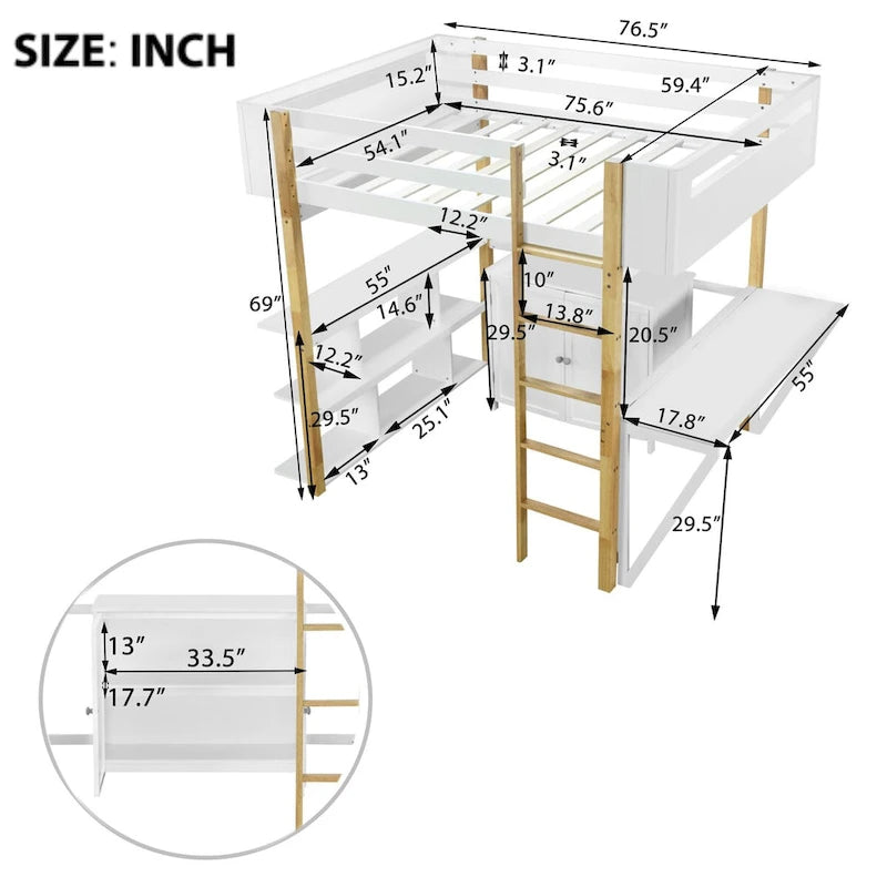 Nestfair Full Size Wood Loft Bed with Built-in Storage Cabinet and Cubes