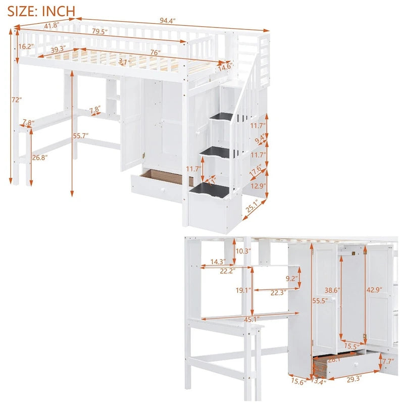 Merax Twin size Loft Bed with Bookshelf,Drawers,Desk,and Wardrobe