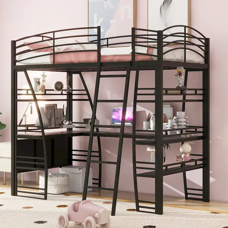Twin Size Loft Bed with 4 Layers of Shelves and L-shaped Desk, with a set of Sockets, USB Ports and and Wireless Charging