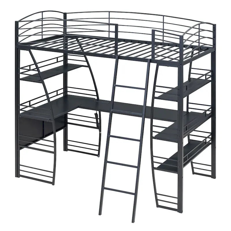 Twin Size Loft Bed with 4 Layers of Shelves and L-shaped Desk, with a set of Sockets, USB Ports and and Wireless Charging