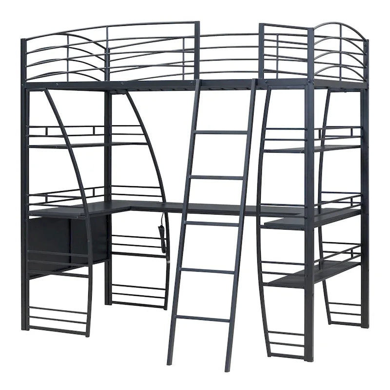 Twin Size Loft Bed with 4 Layers of Shelves and L-shaped Desk, with a set of Sockets, USB Ports and and Wireless Charging