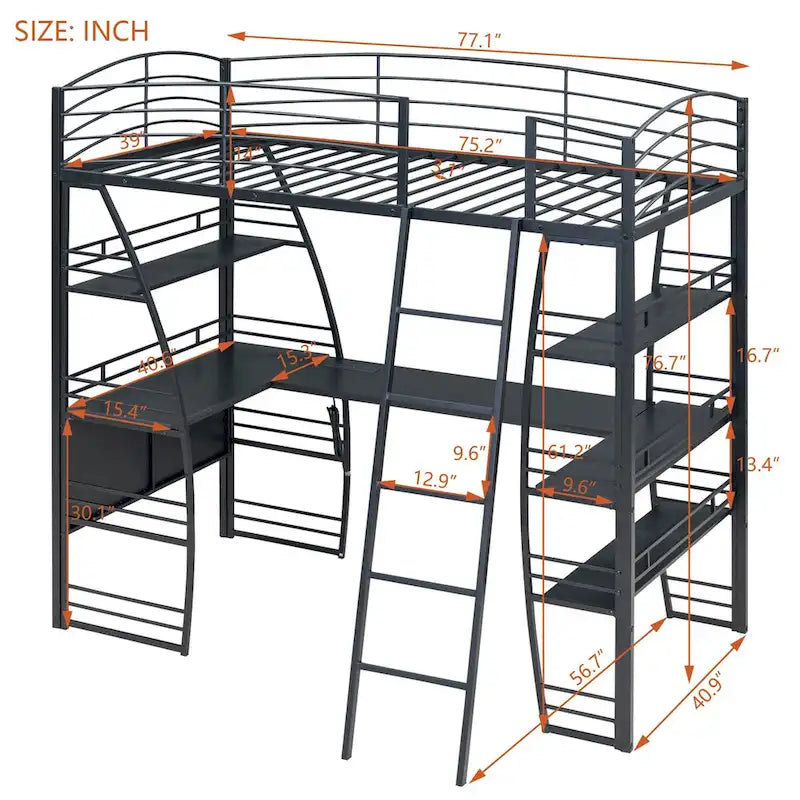 Twin Size Loft Bed with 4 Layers of Shelves and L-shaped Desk, with a set of Sockets, USB Ports and and Wireless Charging