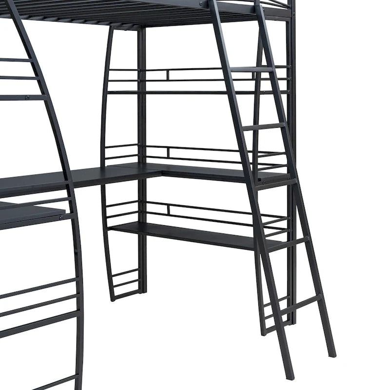 Twin Size Loft Bed with 4 Layers of Shelves and L-shaped Desk, with a set of Sockets, USB Ports and and Wireless Charging