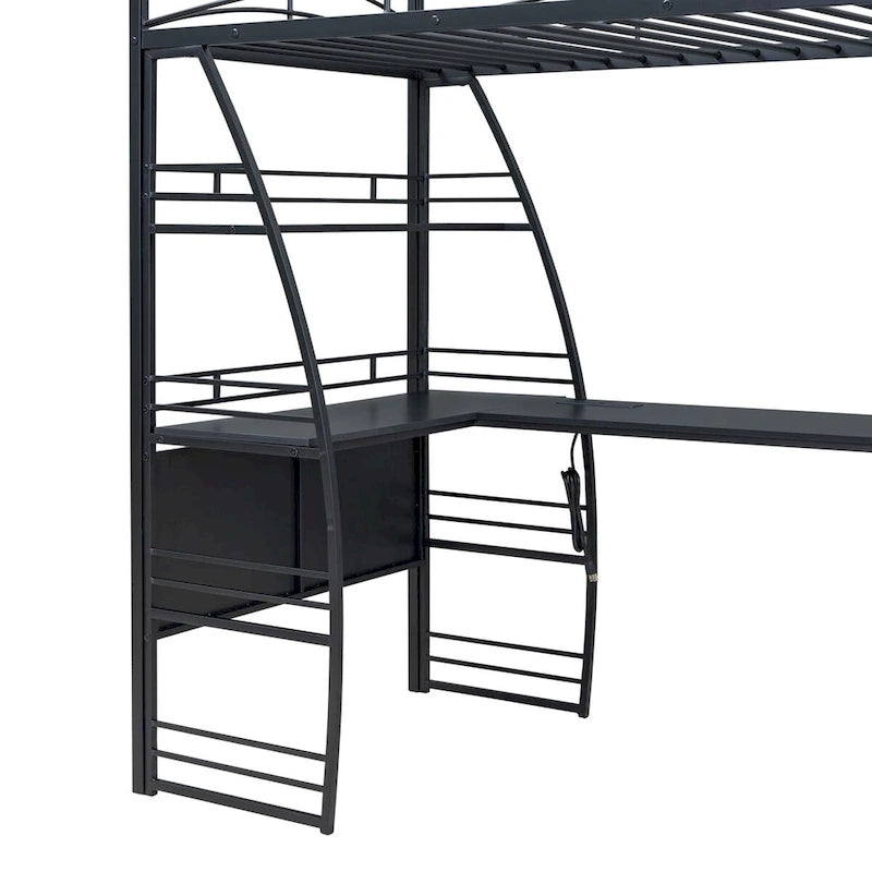 Twin Size Loft Bed with 4 Layers of Shelves and L-shaped Desk, with a set of Sockets, USB Ports and and Wireless Charging
