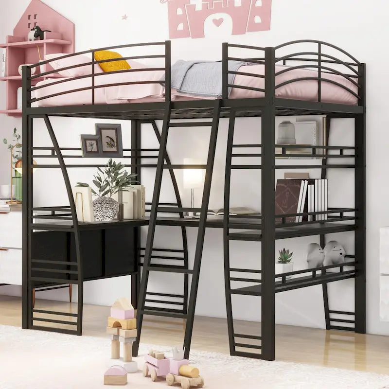 Twin Size Loft Bed with 4 Layers of Shelves and L-shaped Desk, with a set of Sockets, USB Ports and and Wireless Charging