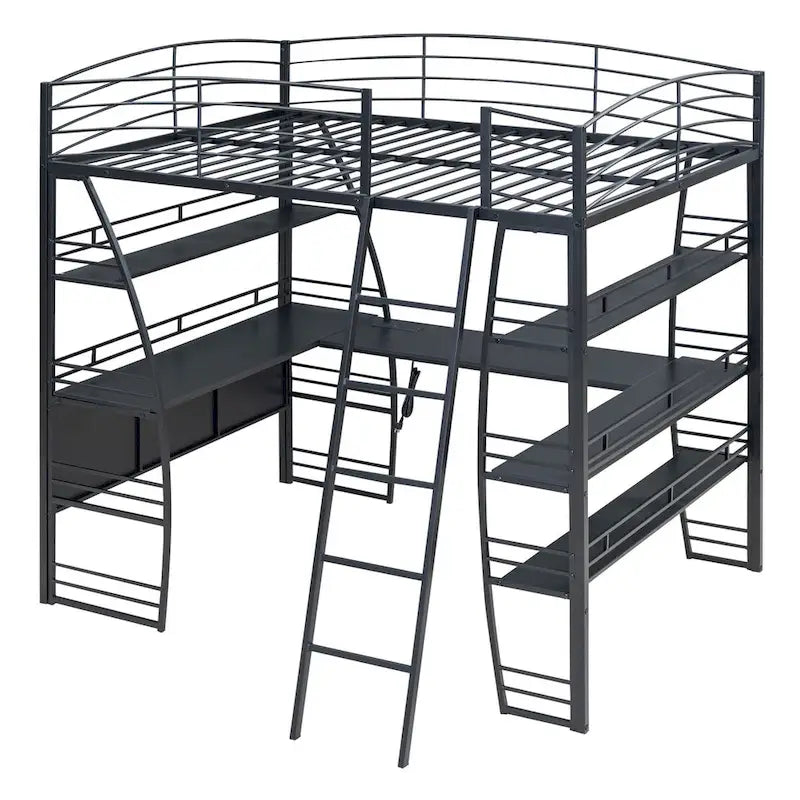 Twin Size Loft Bed with 4 Layers of Shelves and L-shaped Desk, with a set of Sockets, USB Ports and and Wireless Charging
