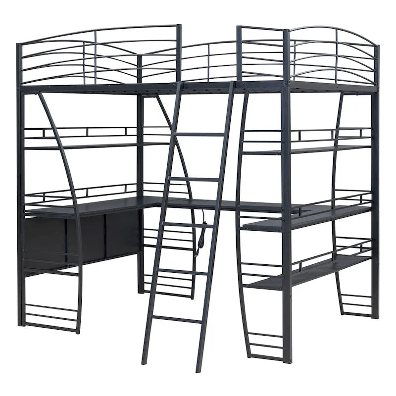Twin Size Loft Bed with 4 Layers of Shelves and L-shaped Desk, with a set of Sockets, USB Ports and and Wireless Charging