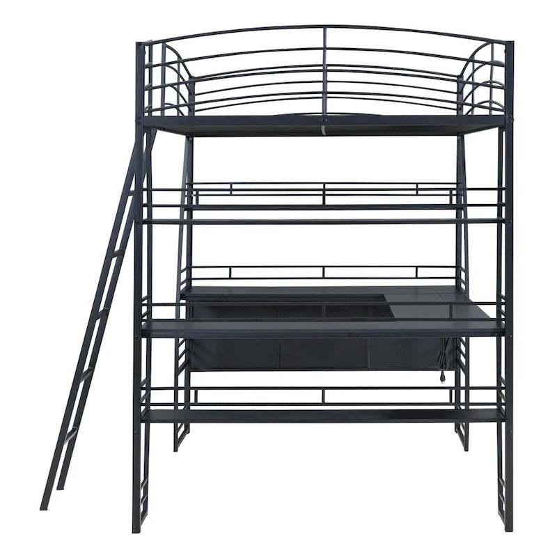 Twin Size Loft Bed with 4 Layers of Shelves and L-shaped Desk, with a set of Sockets, USB Ports and and Wireless Charging