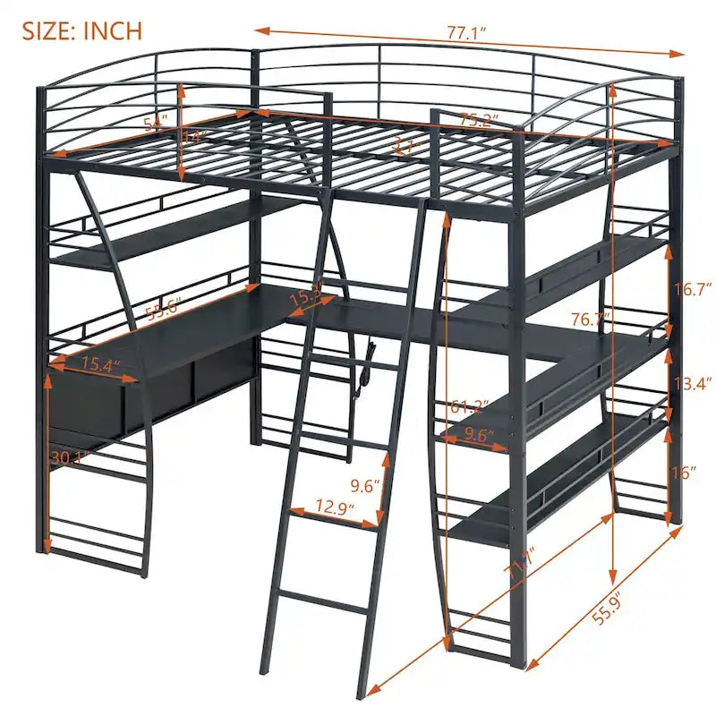 Twin Size Loft Bed with 4 Layers of Shelves and L-shaped Desk, with a set of Sockets, USB Ports and and Wireless Charging